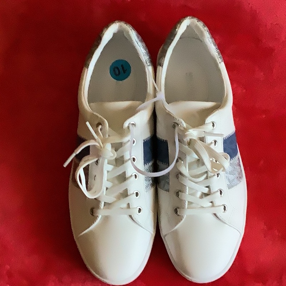 Michael Kors White and Navy & Silver monogrammed Sneakers.